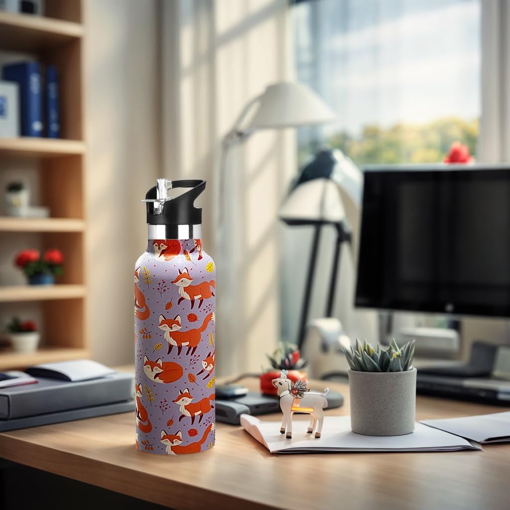 Skiennix Kids Water Bottle - Vacuum Insulated Stainless Steel Tumbler with Straw | 20 oz Fox Design for Sports & School