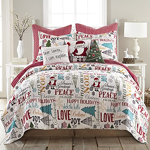 Levtex Home Merry & Bright Collecion - Santa Claus Lane Quilt Set - Full/Queen Holiday Quilt 88x92 + Two Standard Pillow Shams 20x26 - Christmas Script - Red Teal Yellow Green Black White - Reversible