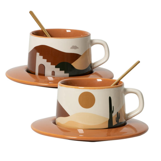 SHENDONG Latte Art Mugs Ceramic Coffee Sets of 2,Novely Tea Cups with Spoons,Creative Oasis series Mugs,250ml Coffee Cups for Cappuccino Latte Mocha,Gifts for Women and friends(Desert And Cactus)