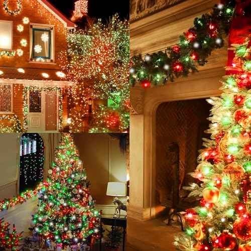 Christmas String Lights Red Green White Copper Wire, 2 Pack Total 200LED Fairy Lights Waterproof Twinkle Lights for Xmas, Bedroom, Garden, Patio, Outdoor Decor- Red White Green