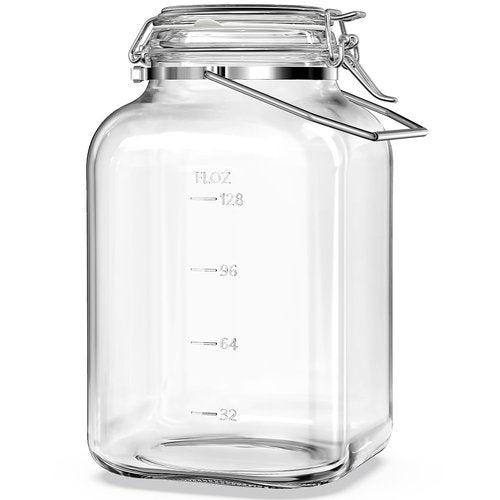Folinstall 1.5 Gallon Glass Jar with Airtight Lid, Square Wide Mouth Mason Jars with Stainless Steel Handle, Large Glass Storage Containers for Canning, Flour, Sugar, Fermentation, Rice, Pickled Eggs