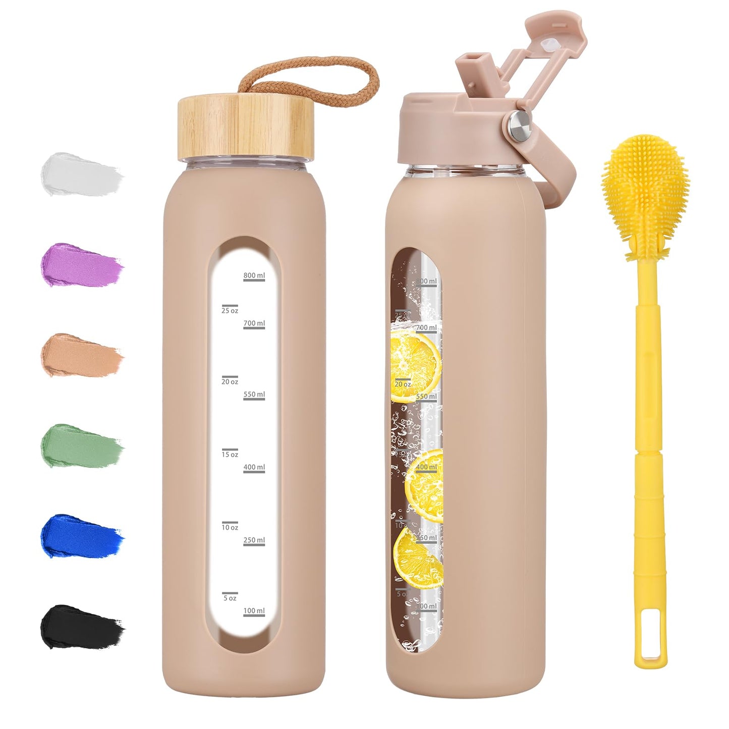 Olivego 32 oz Glass Water Bottle with 2 Lids-Handle Straw Lid & Bamboo Lid,1 Liter Motivataional Tumbler Water Bottle Time Marker, Borosilicate Glass Water Bottles With Silicone Sleeve, Leakproof