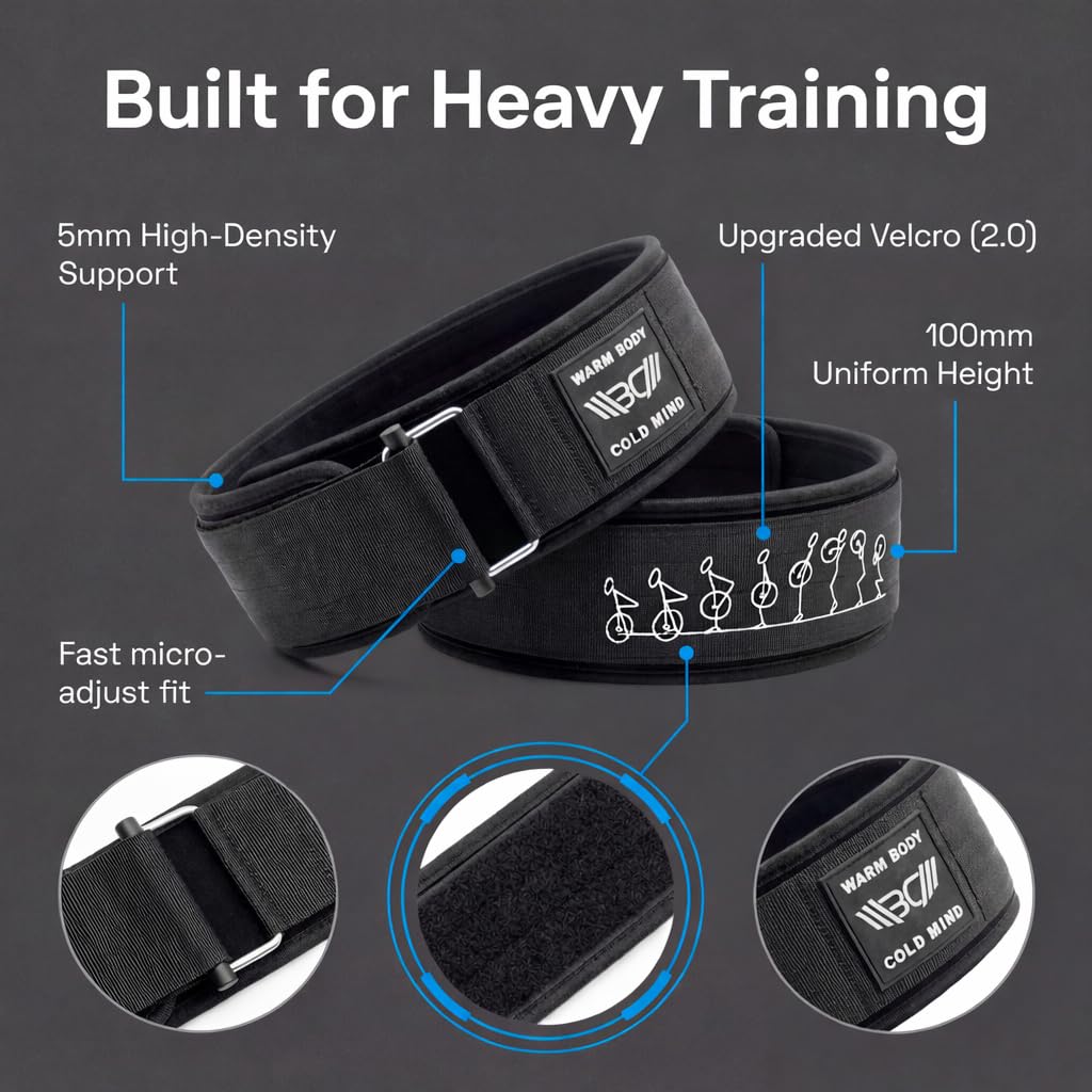 WARM BODY COLD MIND 4" Weight Lifting Belt 2.0 - Perfect for Olympic Weightlifting, Squats, Deadlift, Powerlifting - Gym Back Support for Men and Women (Medium, Black 5mm)