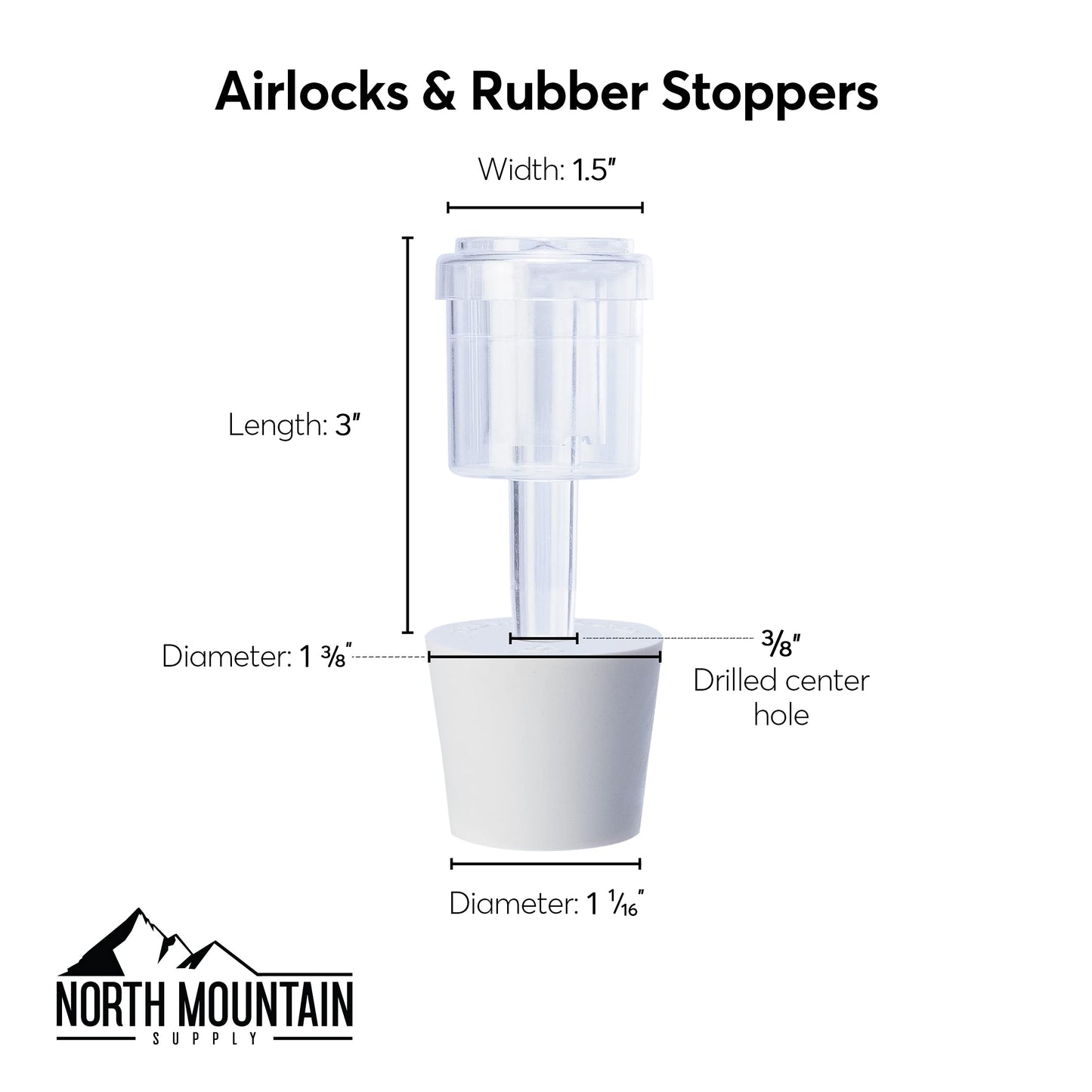 North Mountain Supply 2-Piece Airlocks with #6.5 Rubber Stoppers for Fermentation - Airlocks for Wine Making, Brewing Beer, and Fermenting Foods - 3 Pack
