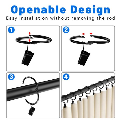 Ginbel Direct 24 Pack 2 Inches Openable Curtain Rings with Clips, Drapery Metal Clip Iron Drapes Hangers Decorative for Windows Rods Rustproof, Black