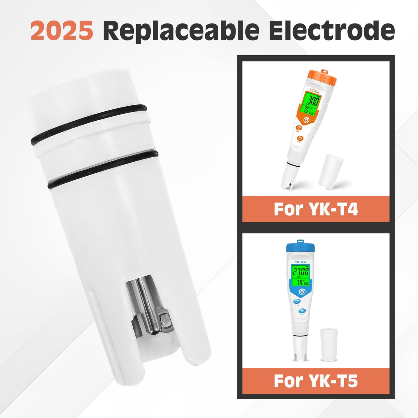 YINMIK Original Electrode for YK-T4,YK-T4P, YK-T5,YK-4,YK-4S, with EC Calibration solition 1413μS/cm &12.88mS/cm, 4.00,7.00,10.01 pH Calibration Buffer Powder, 2 * 10ml pH Probe Protection Liquids