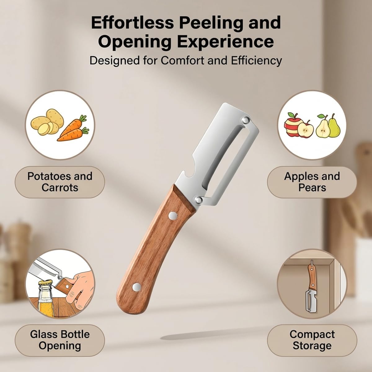 Skiennix 2-Pack Multifunctional Vegetable Peeler - 2-in-1 Kitchen Tool with Wooden Handle & Stainless Steel Blade for Potatoes, Carrots, Fruits & More