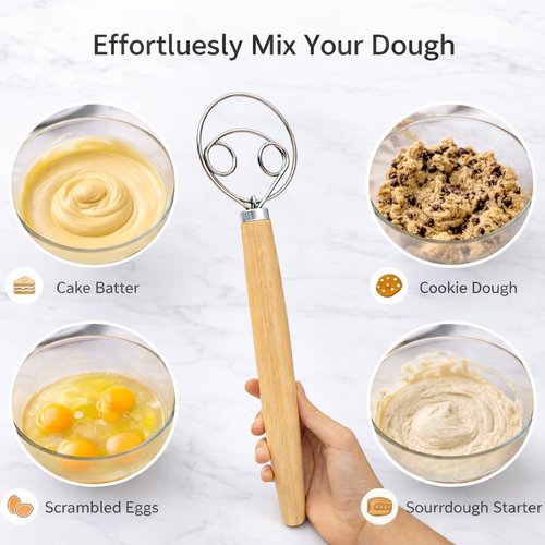 Danish Dough Whisk - 13-Inch Sourdough Bread Whisk with Wooden Handle & Stainless Steel Hook
