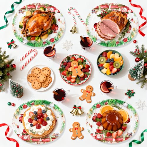 LIKAJON Christmas Ball Paper Plates - 50 Pcs Oval Holiday Disposable Dinnerware