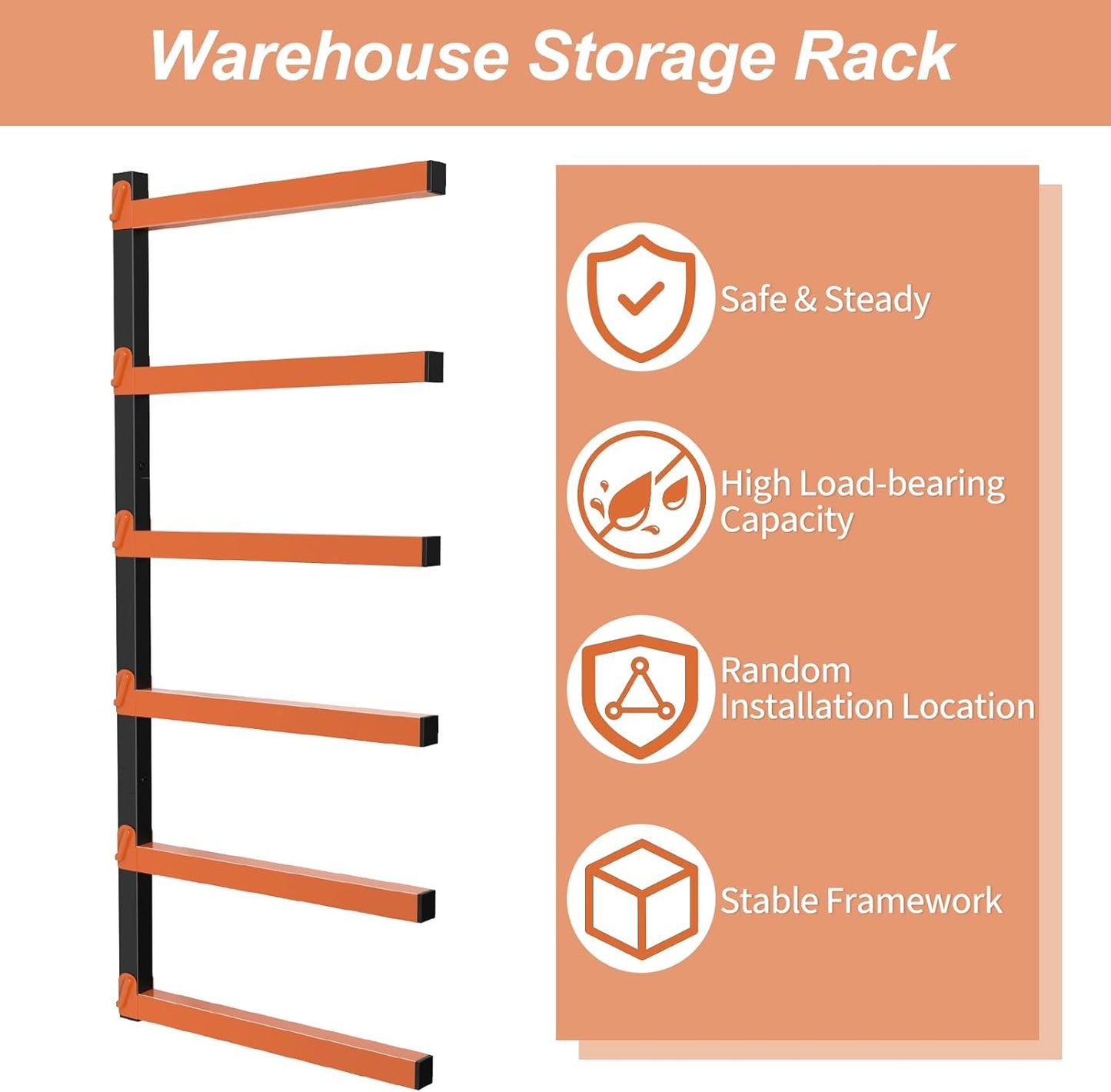 Nandae Heavy-Duty Wall Mount Lumber Storage Rack - 6 Levels for Workshop & Garage | Orange, 2 Pack