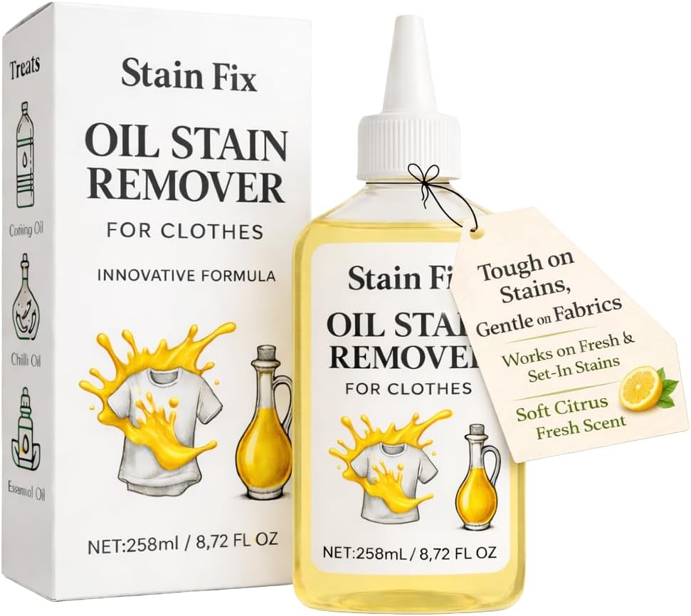Oil Stain Remover by [Brand Name] - Effective Fabric Stain Solution for Cooking & Engine Grease | 8.72oz