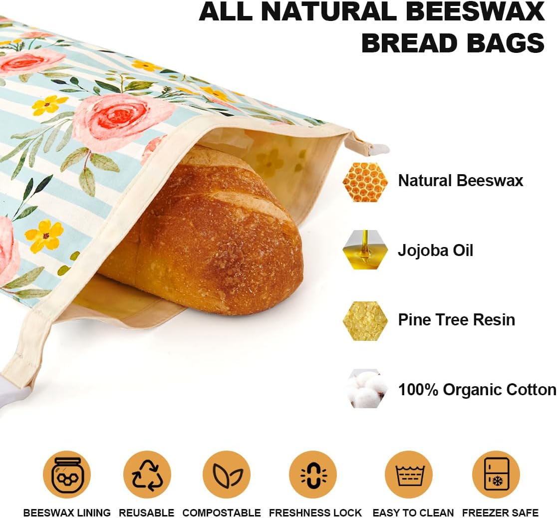 Wildwood Bloom Beeswax Bread Bags - 2 Pack Reusable Organic Cotton Sourdough Bags