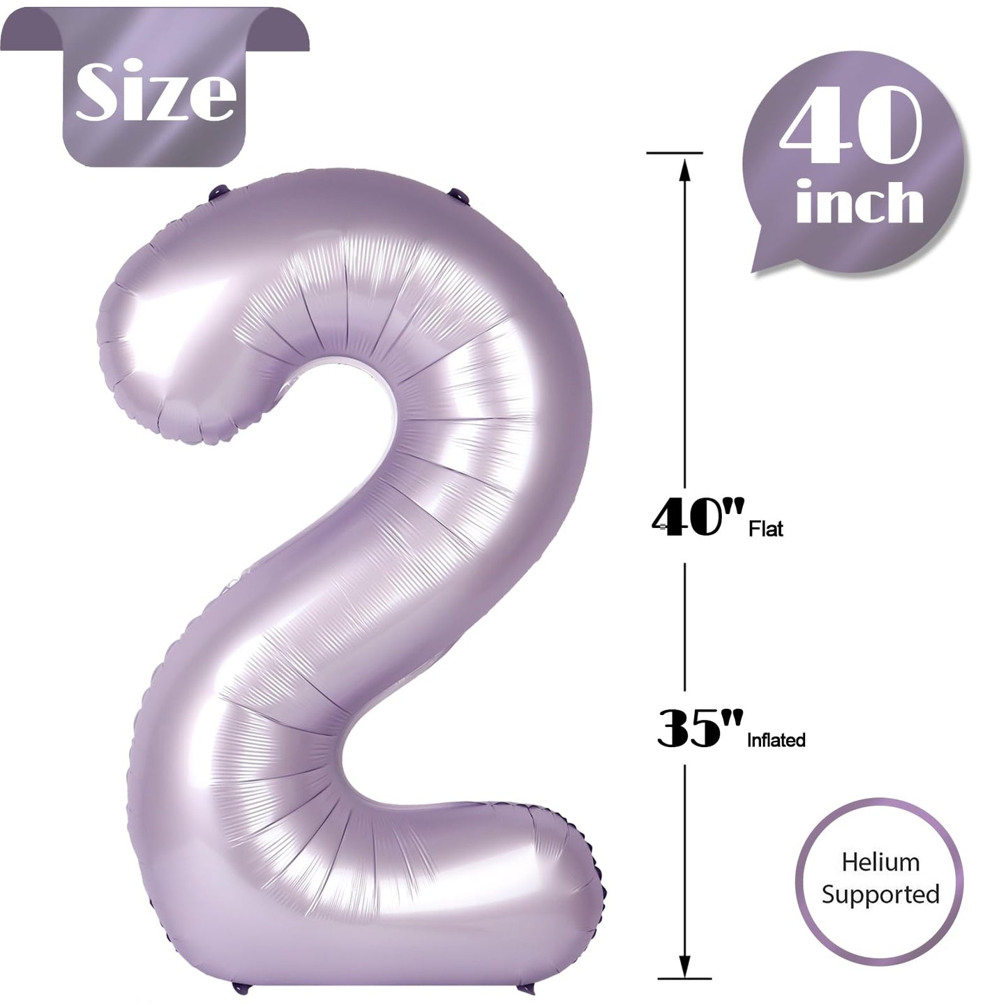 Lilac 2 Balloon, Number Balloons 40 Inch, 2nd Balloon Number Birthday Decorations, Lavender Second Two Birthday Party Supplies, Number 2 Balloon
