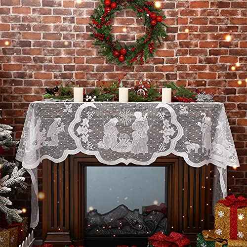 Tegeme Christmas Fireplace Scarf White Lace Jesus Garland Decoration Christmas White Lace Jesus Garland Scarf Fireplace Cloth Indoor Christmas Decorations for Home Living Room, 20 x 90 Inches