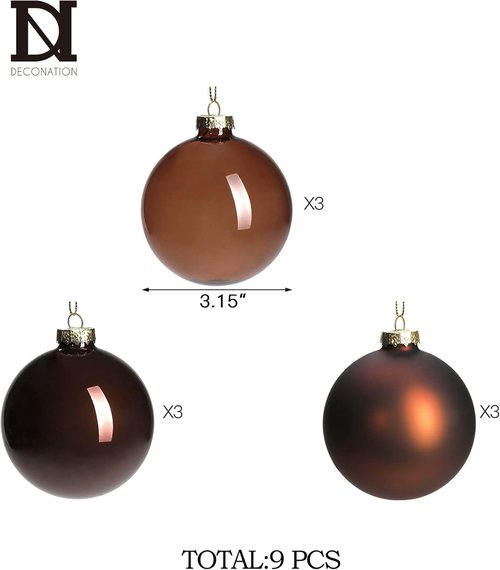 DN DECONATION Brown Glass Christmas Ball Ornaments - Set of 9 | 3" Hanging Baubles for Tree Decoration
