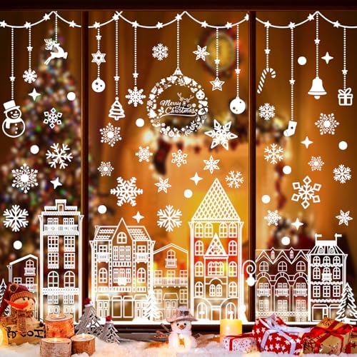 115pcs Christmas Window Clings 7 Sheets Cute White House Xmas Window Stickers Glass Snowflake Double-Sided Decals Christmas Decorations Party Winter Window Clings