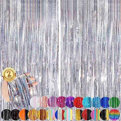 Silver Party Streamers 2Pack Metallic Tinsel Foil Fringe Curtains 3.3X 8.3ft Party Decors for Photo Booth Photoshoot Bridal Shower Engagement Disco Bachelorette Party Decors Streamers for Christmas