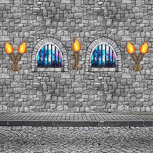 Zonon 11 Pcs Medieval Scene Setter Set Window Torch Props Plastic Brick Tablecloth Knight Themed Castle Decorations Medieval Party Decorations for Party Accessory(Dazzling Window)
