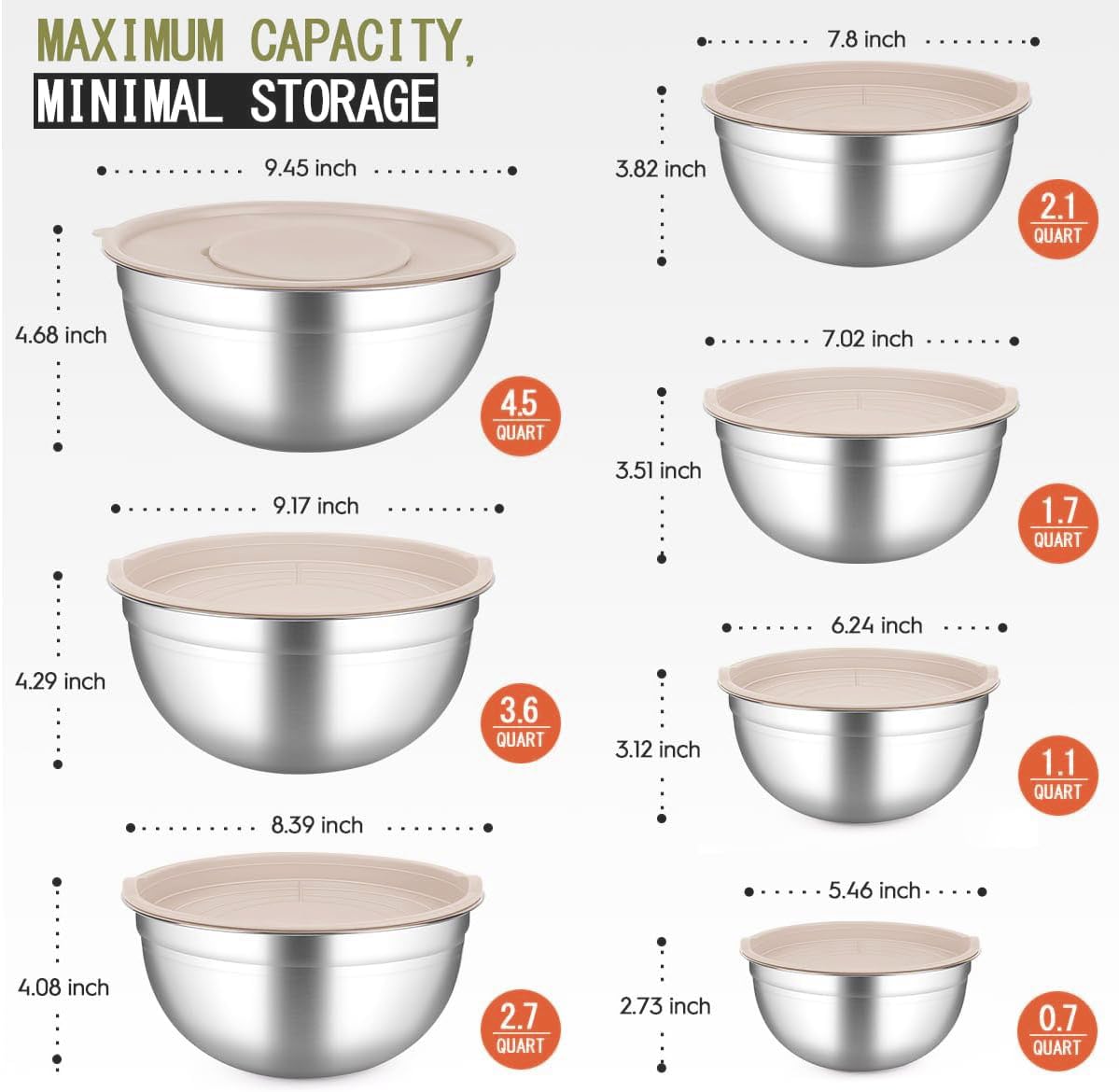JUJOJB Mixing Bowls With Lids Set,Stainless Steel Mixing Bowls Set With 3 Grater,Metal Nesting Bowls For Kitchen Baking Refrigerator Meal Prep Food Storage Organizer,7 Size(Khaki)