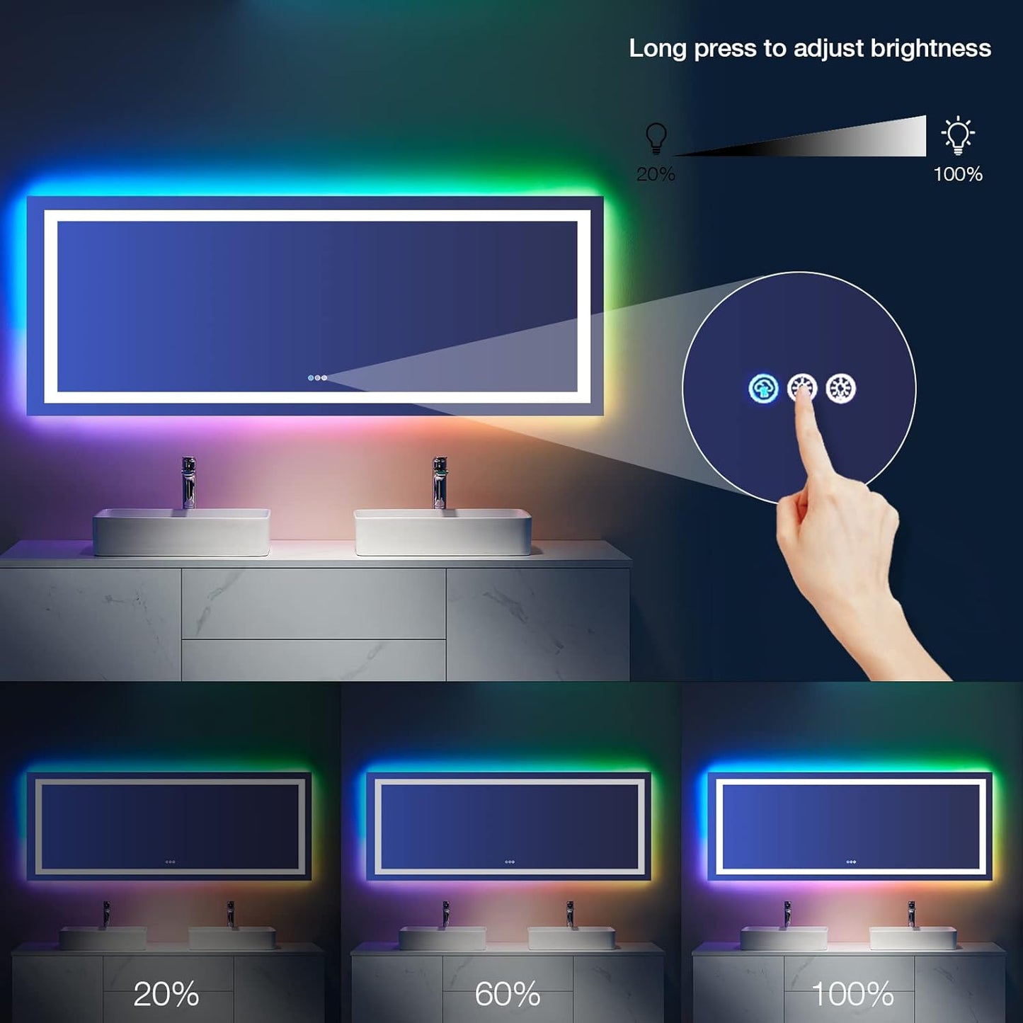 LOAAO RGB LED Bathroom Mirror - 84x32 Inch, Dimmable, Anti-Fog, Colorful Light Modes, Tempered Glass