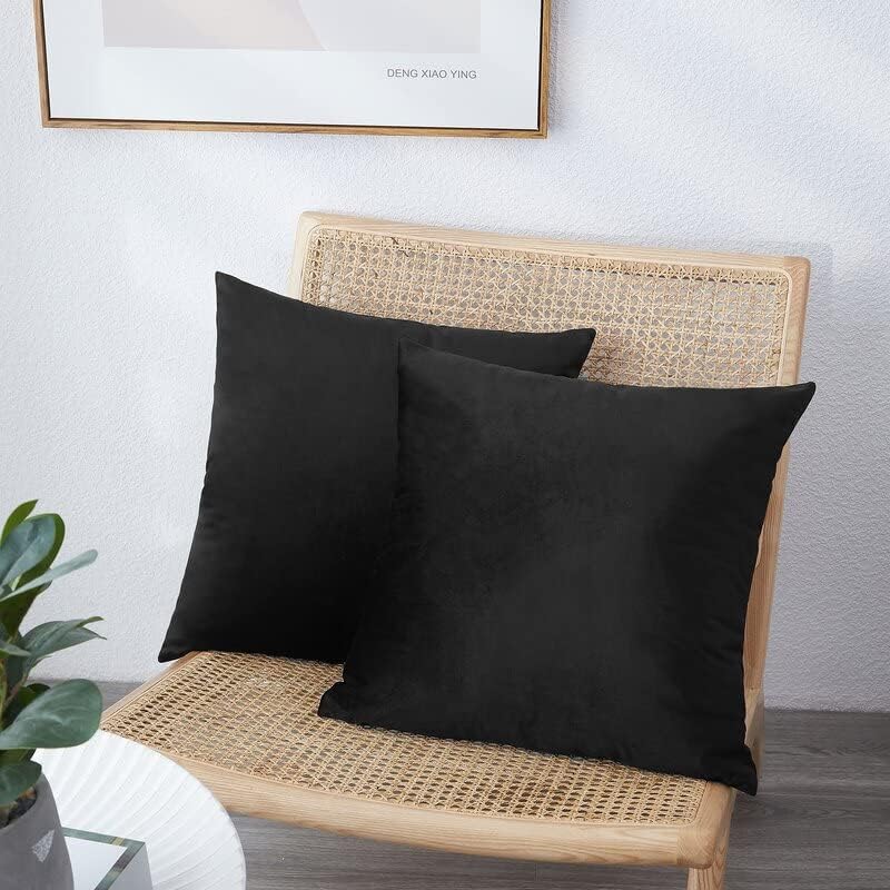 NiNi Decorative Throw Pillow Covers - Velvet Pack of 2 | 12x12 Inch Black Cases for Couch & Bedroom