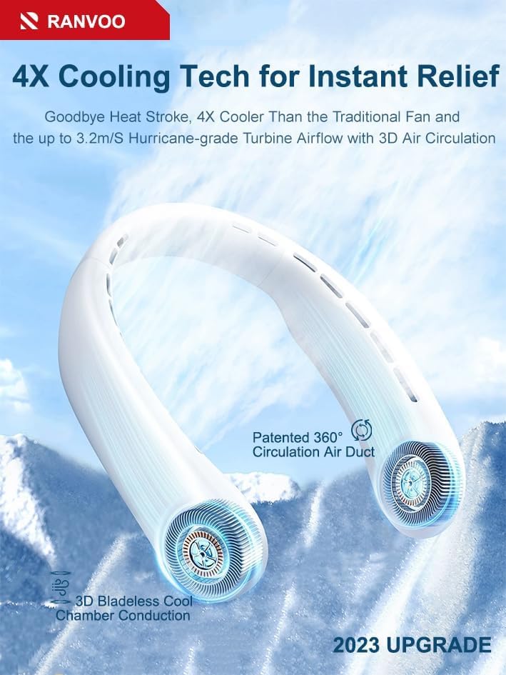 RANVOO 2024 AICE Portable Neck Cooling Fan -Ergonomic Fit, Adjustable Customize Size, Rechargeable Personal Ultra Lightweight Wearable Fan