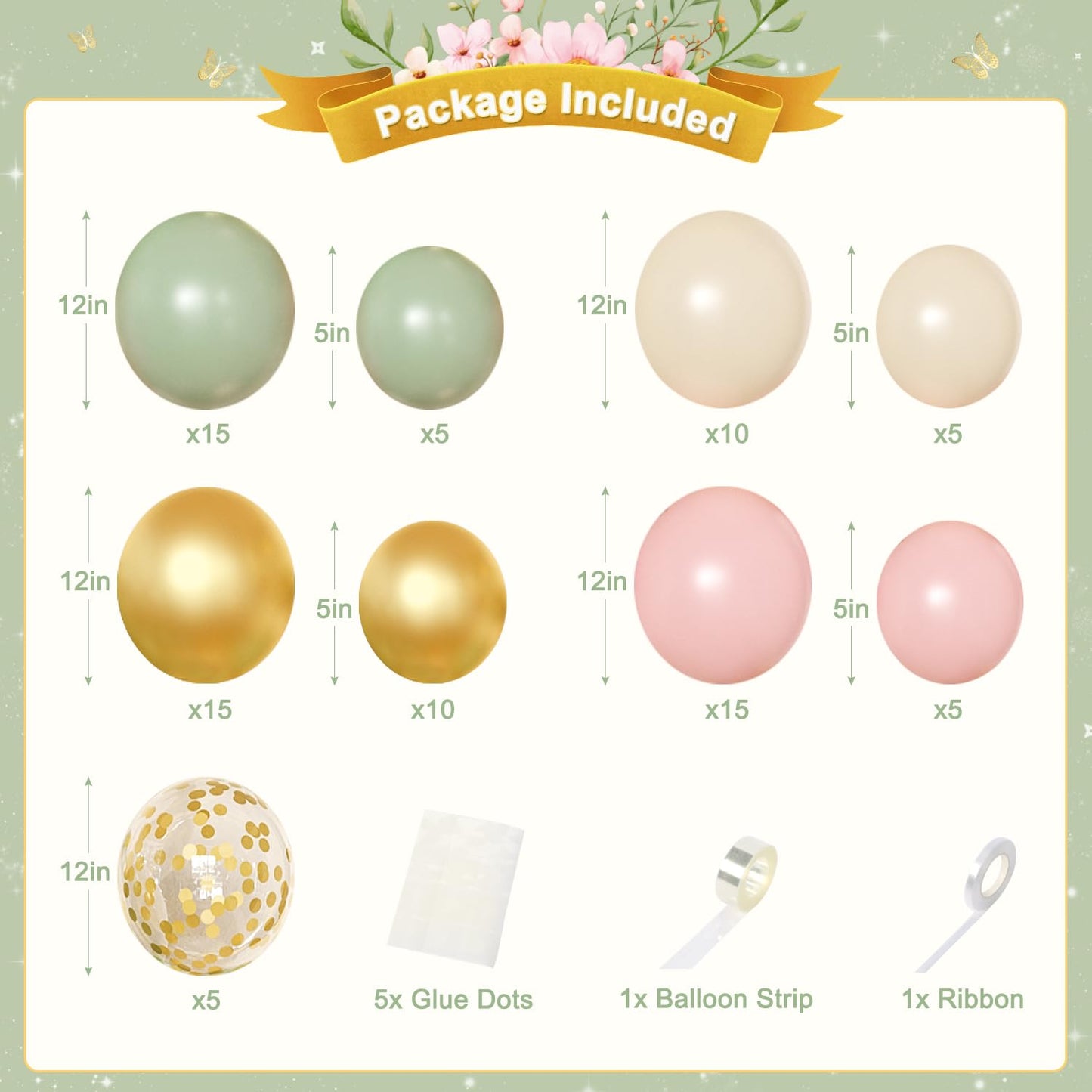 Pink and Sage Green Birthday Decorations, Pink Green Sand White Metallic Gold Foil Confetti Balloons Happy Birthday Banner Gold Butterfly Fringe Curtains Birthday Decorations for Women Girls Teens