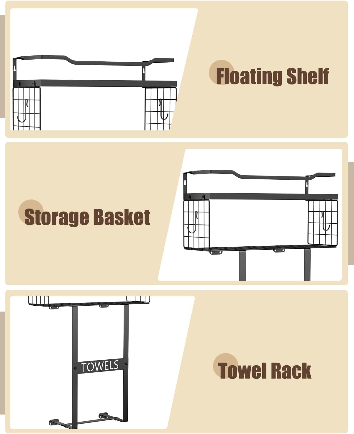 Wood Wall Mounted Towel Rack by [Brand Name] - Stylish Bathroom Storage Organizer in Black