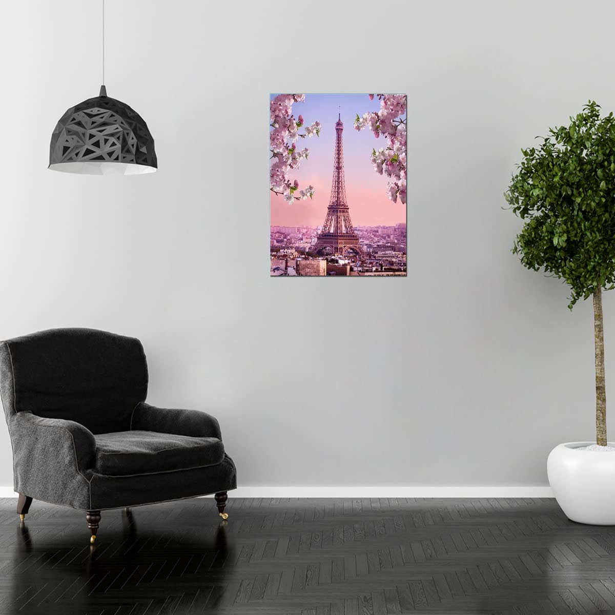 Pink Eiffel Tower Paris Office Girl Room Wall Art Pink Flower Blossoming Romantic Landscape Canvas Print for Home Decor Framed Large Artwork Love 24x36inch