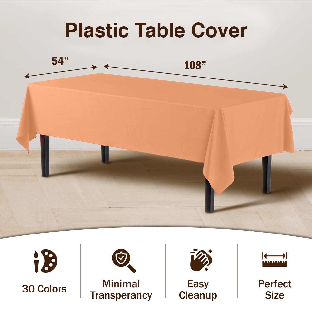 Party Solids Pack Of 6 Premium Plastic Tablecloth 54 Inch x 108 Inch Rectangle Plastic Table Cover - Peach