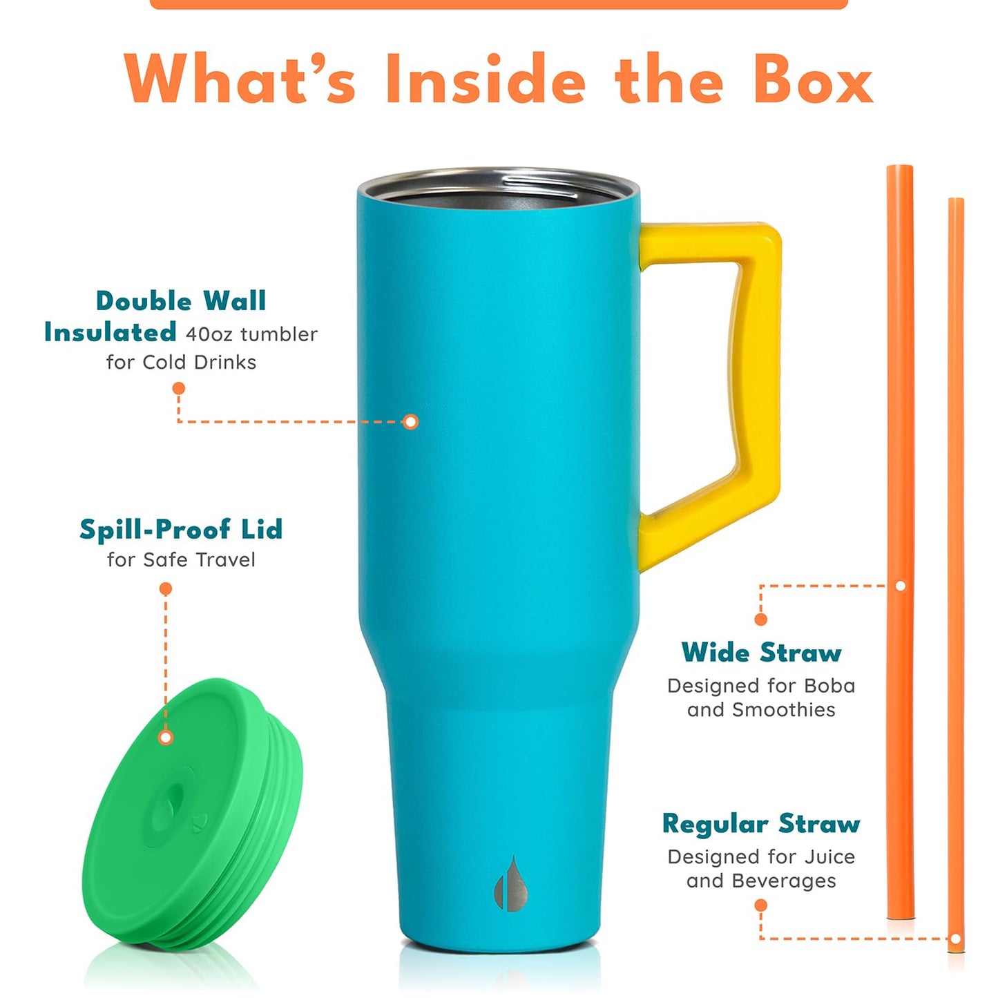 Elemental 40 oz Tumbler with Handle and Straw - Spill Proof Insulated Stainless Steel Commuter for Cold Beverages - Travel Coffee Mug with 2 Straws & Spill Proof Lid - 40oz- Blue Lagoon