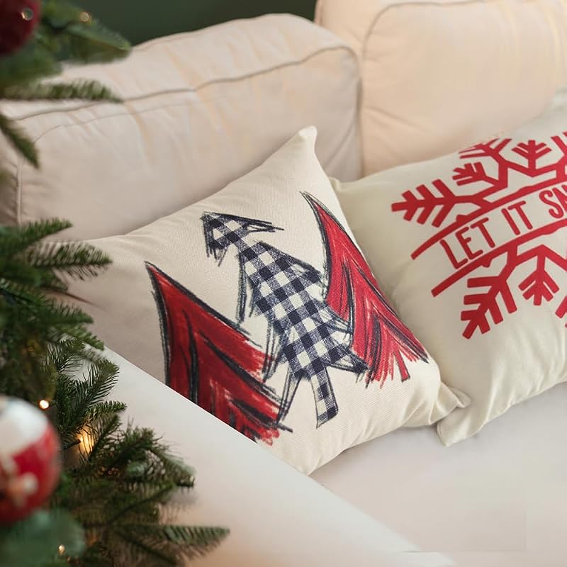 Sunboom Christmas Pillow Covers & Red Holiday Decor Set of 4, 18x18 Winter Farmhouse Throw Pillows