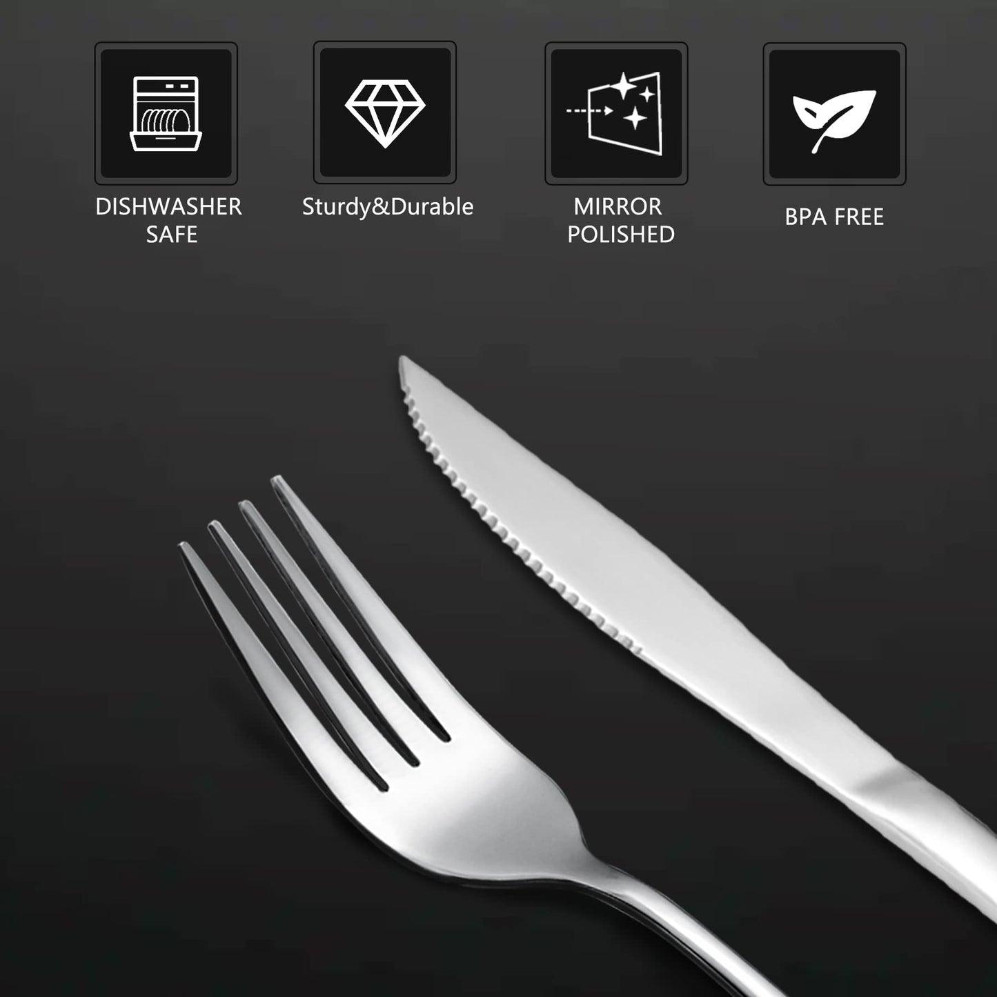 SANTUO 12 Pcs Silverware Set with 6 Steak Knives and 6 Dinner Forks,Flatware Set with Top Food Grade Stainless Steel,Tableware Cutlery Set For Home Restaurant Hotel, Mirror Finish, Dishwasher Safe