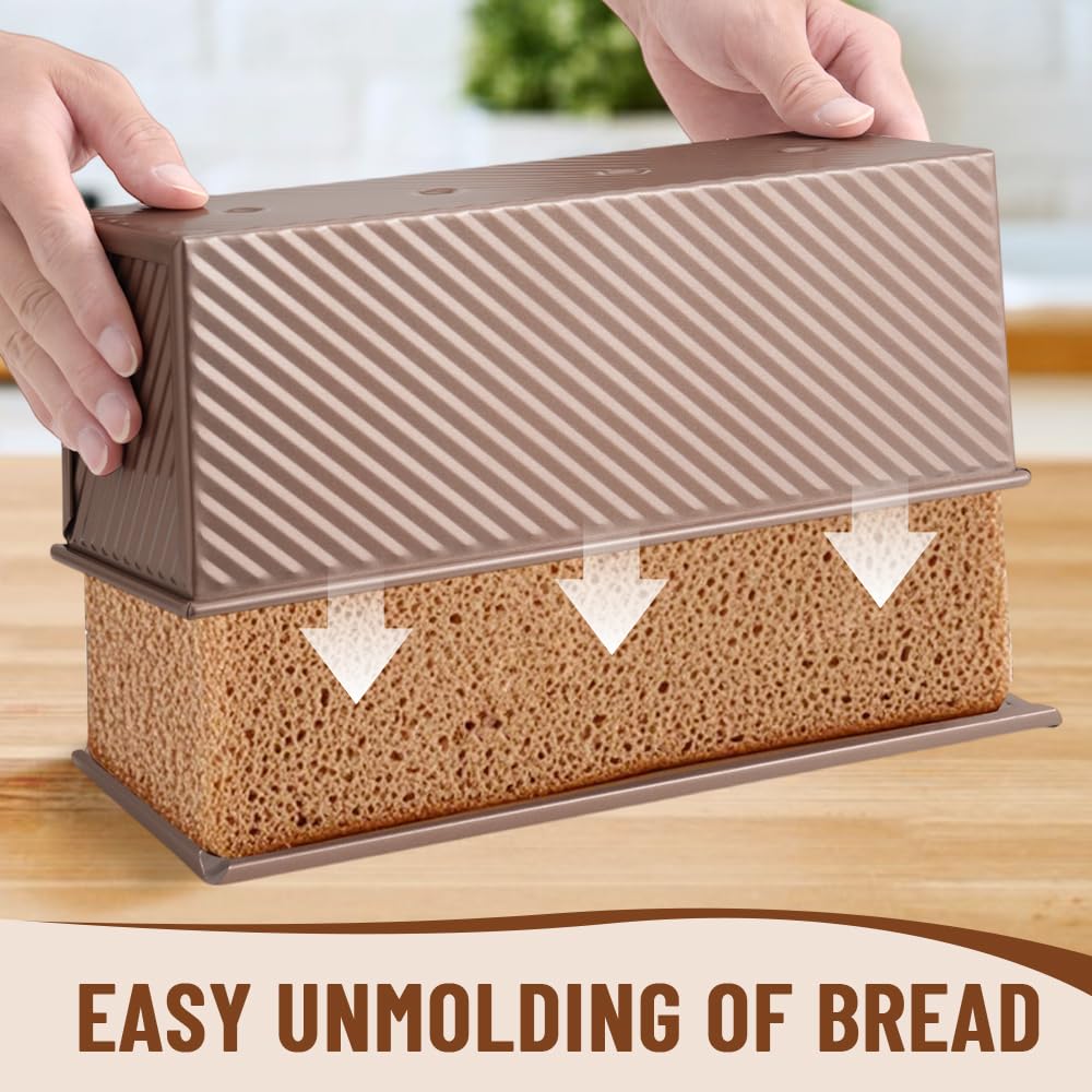 FDKYOEK Large Pullman Loaf Pan with Lid, 13 x 4 Inch 2 lbs Non-Stick Rectangle Bread Pan with Lid and Dough Scraper Cutter, Reusable Sourdough Loaf Pan for Homemade Bread & Toast, Rose Gold