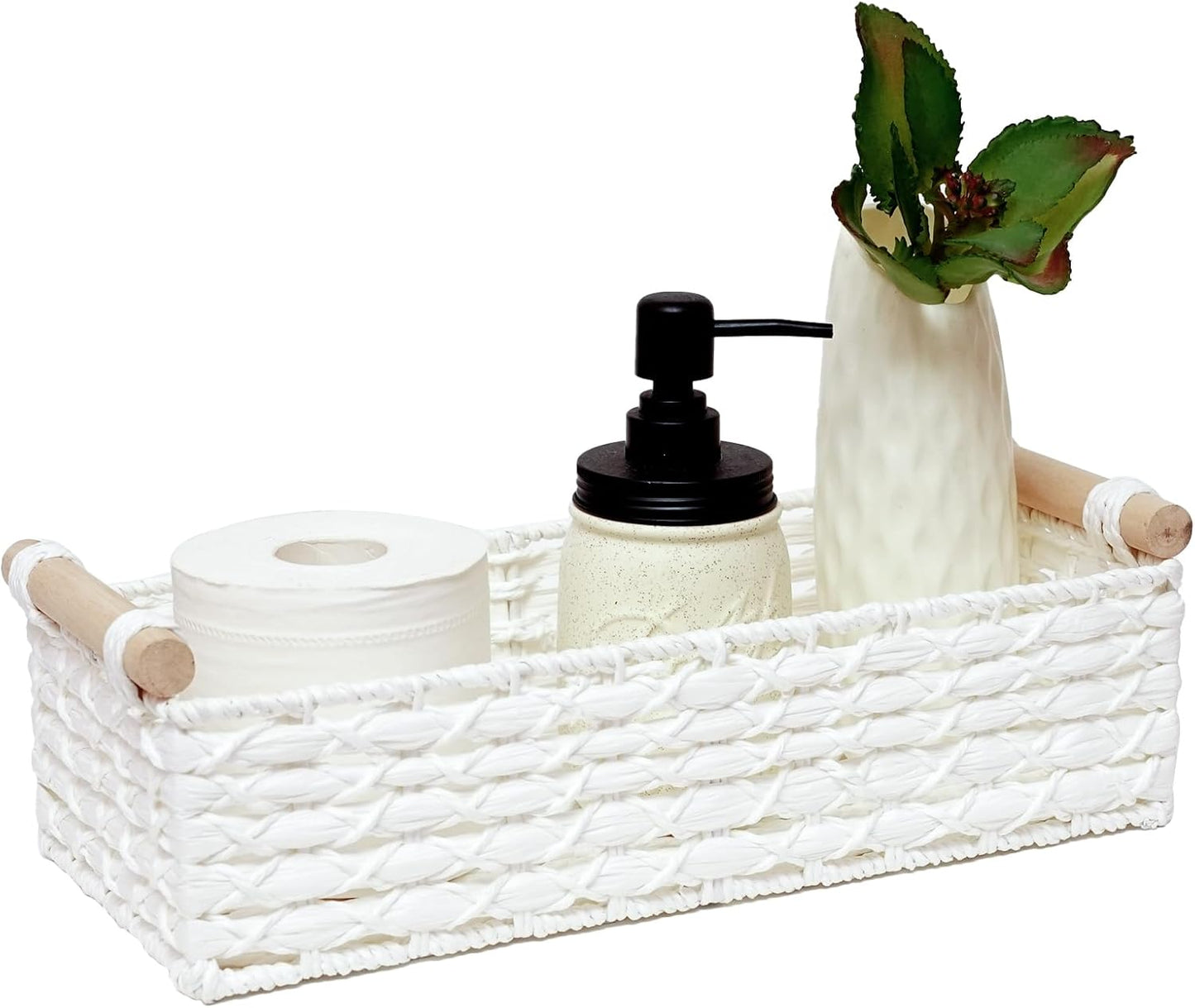 Skiennix Small Wicker Storage Basket - Decorative Organizing Bin with Handle - White Set for Countertop & Toilet