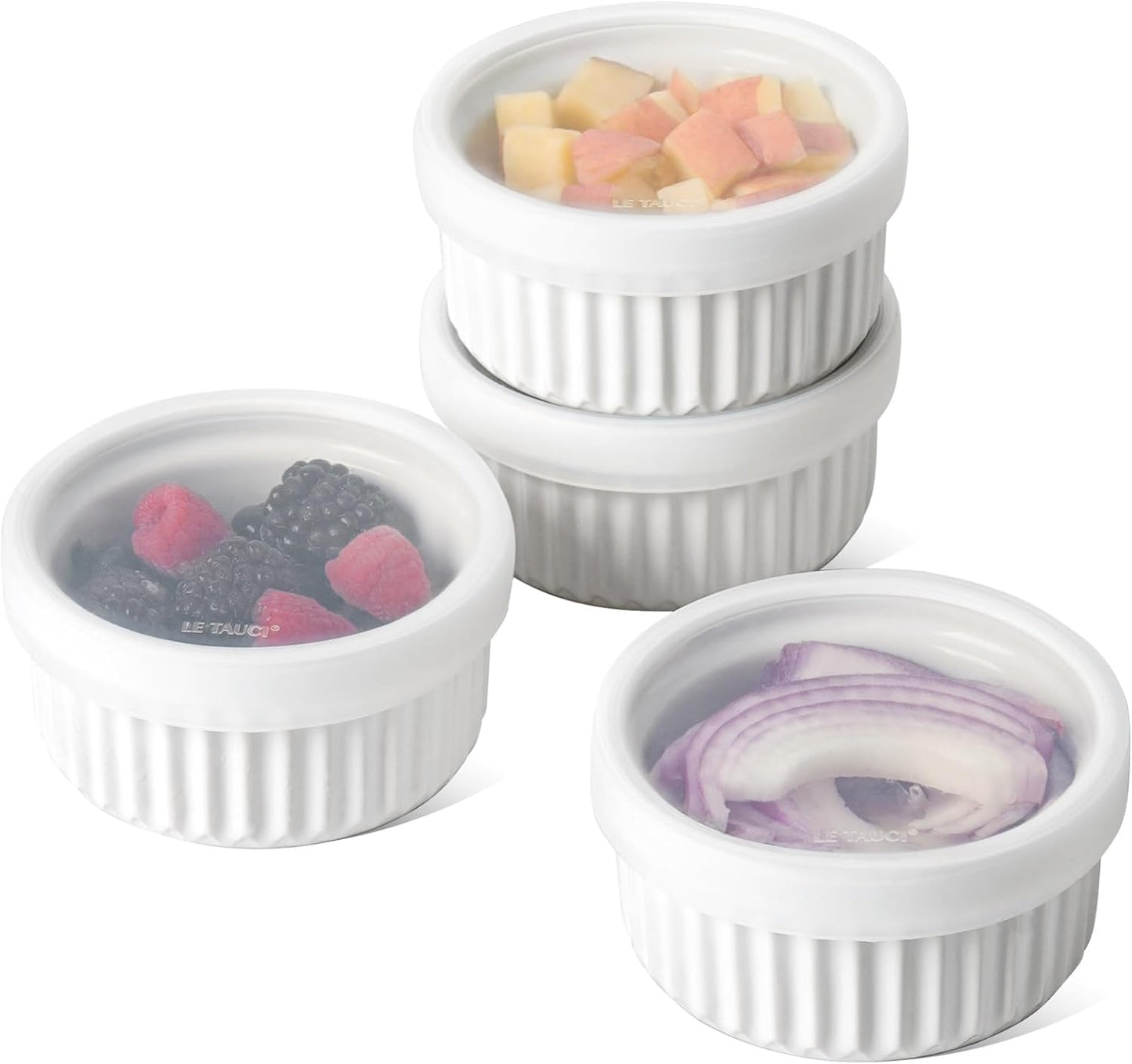 LE TAUCI Ramekins - 8 Oz Ceramic Soufflé Dishes with Silicone Lids | Oven & Microwave Safe, Set of 4, White