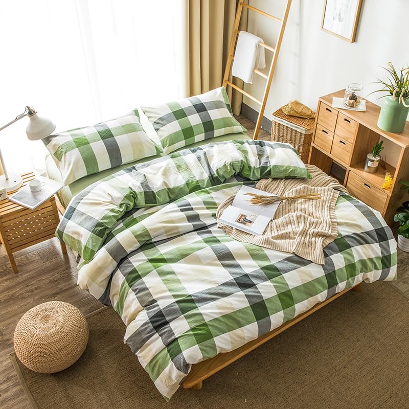 100% Washed Cotton Plaid Duvet Cover Set (1 + 2 Pillowcases, Without