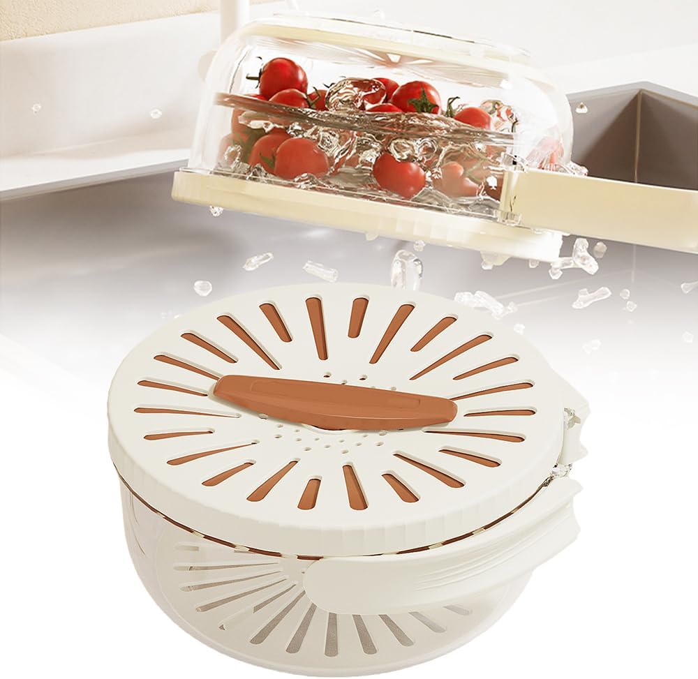 Skiennix Multifunctional Fruit Washing Bowl - 2025 Strainer Container with Lid & Handle (Brown)