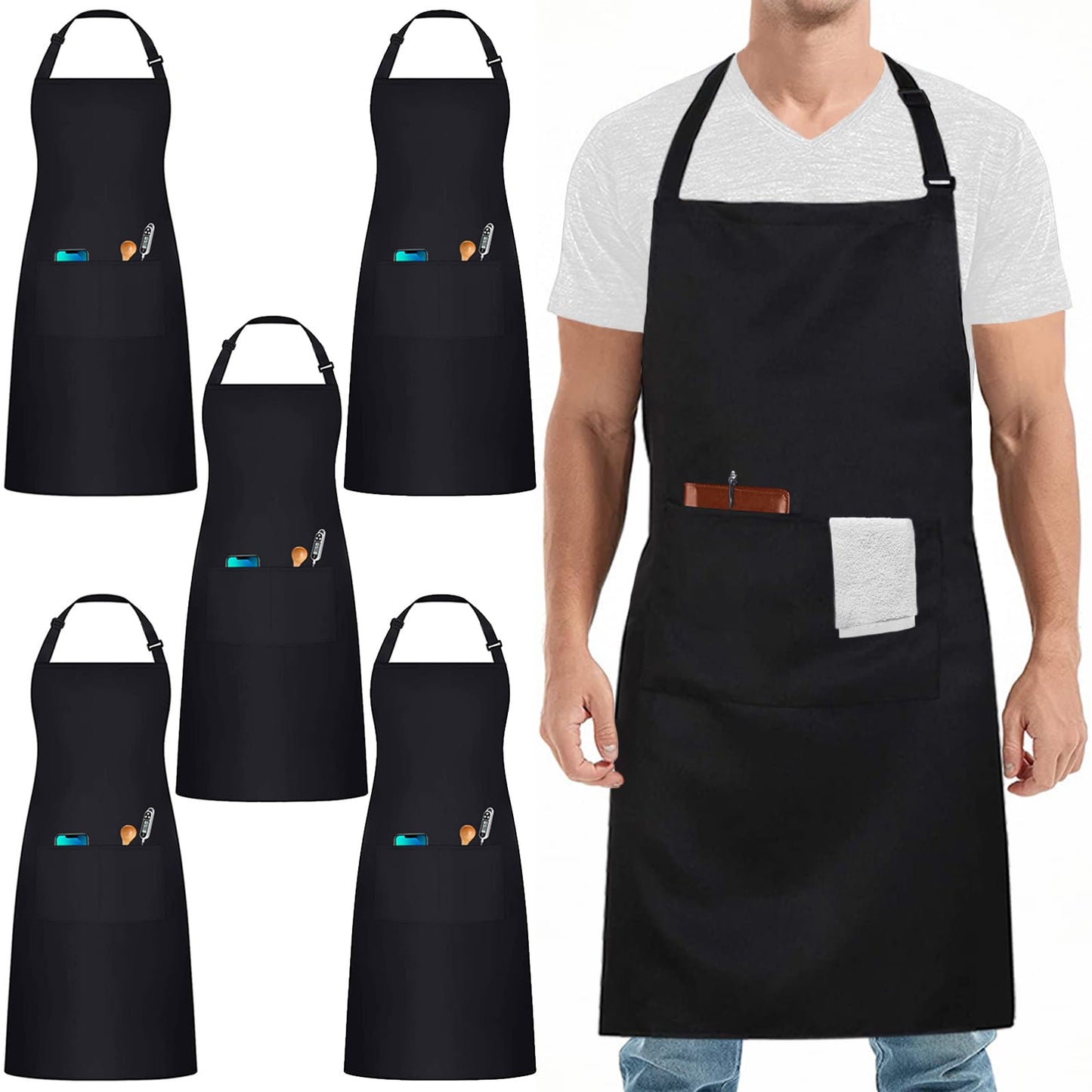 umboom 5 Pack Black Chef Apron, Servers Large Apron, Kitchen Bib Apron for Women Men, Professional Work Apron for Cooking Dishwashing Catering Painting Gardening (Adjustable, 3 Pockets, XL)