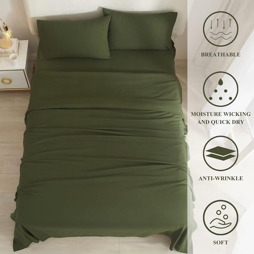 HighBuy Queen Sheet Set - Luxury Cooling Bed Sheets with 4 Pieces | Army Green, Easy Care & Deep Pocket