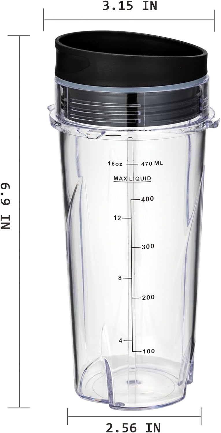 Ninja Blender Cups - 16oz Replacement for QB3001SS, QB3000SS, BL660, BL770 | 2-Pack with Lids