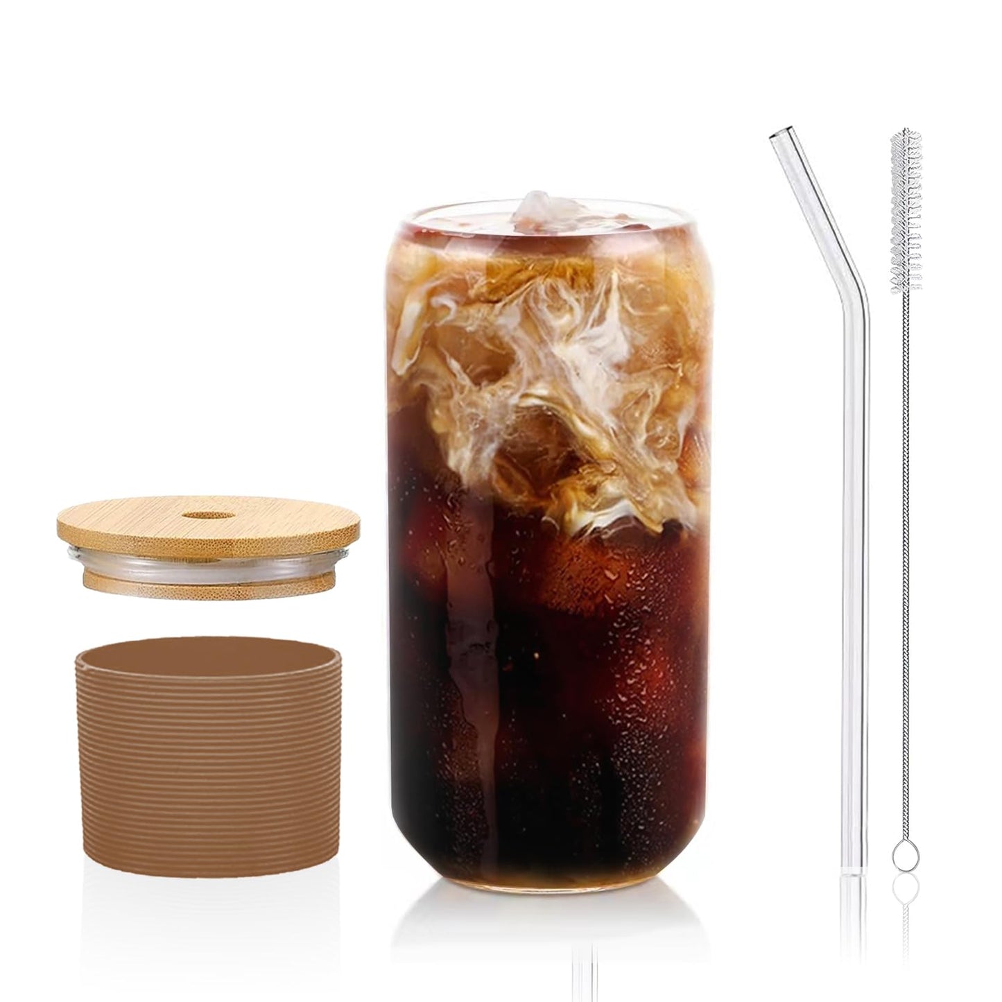 DAMCONME Glass Tumbler with Lid and Straw, 16 oz Reusable Iced Coffee Cup with Bamboo Lid, Brown Silicone Sleeve and Cleaning Brush, for Cold Brew and Iced Drinks, Neutral Coffee Aesthetic