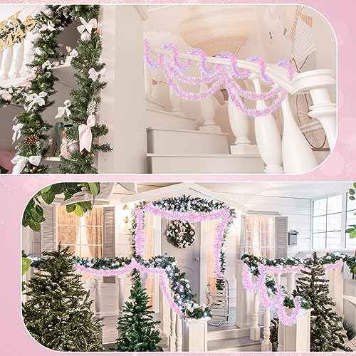 Pink Tinsel Garland Pink Glittering Decoration Metallic Garland for Valentine Birthday Wedding Party Easter Halloween Holiday Festivities Indoor Outdoor Home Christmas Decor Supplies (17 ft)
