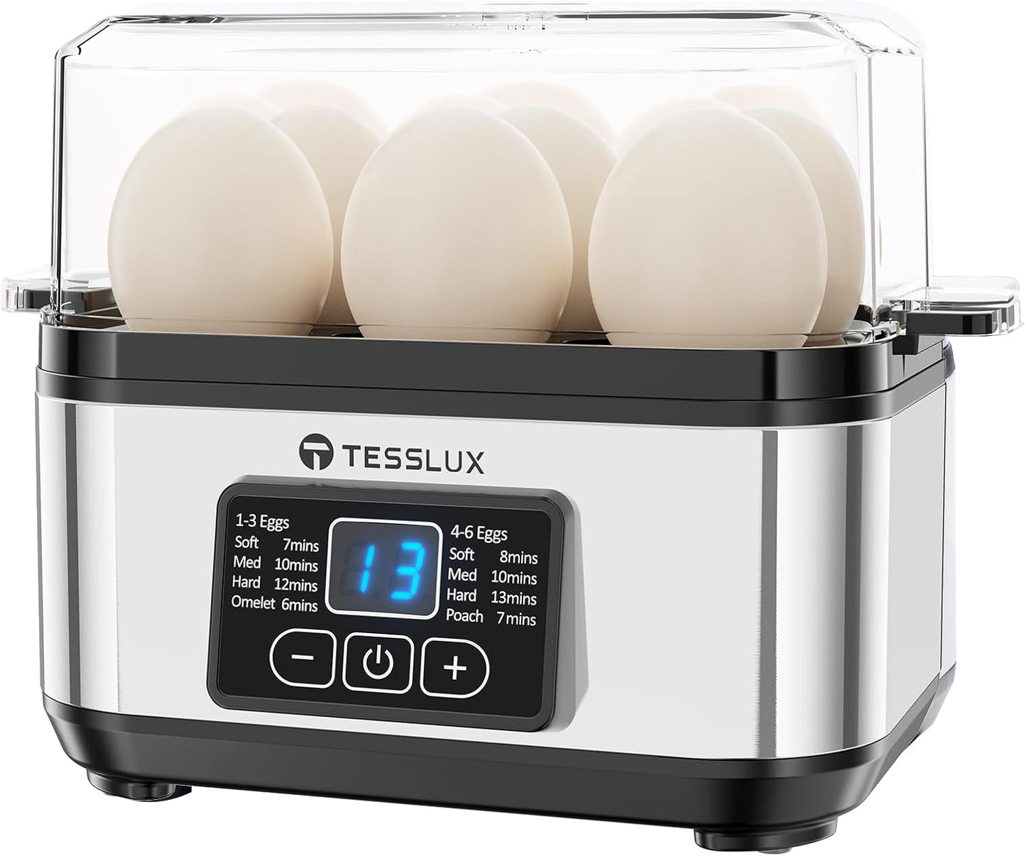 Tesslux Electric Egg Cooker - 6 Egg Capacity for Hard Boiled, Poached, Scrambled Eggs | Auto Shut Off, Silver