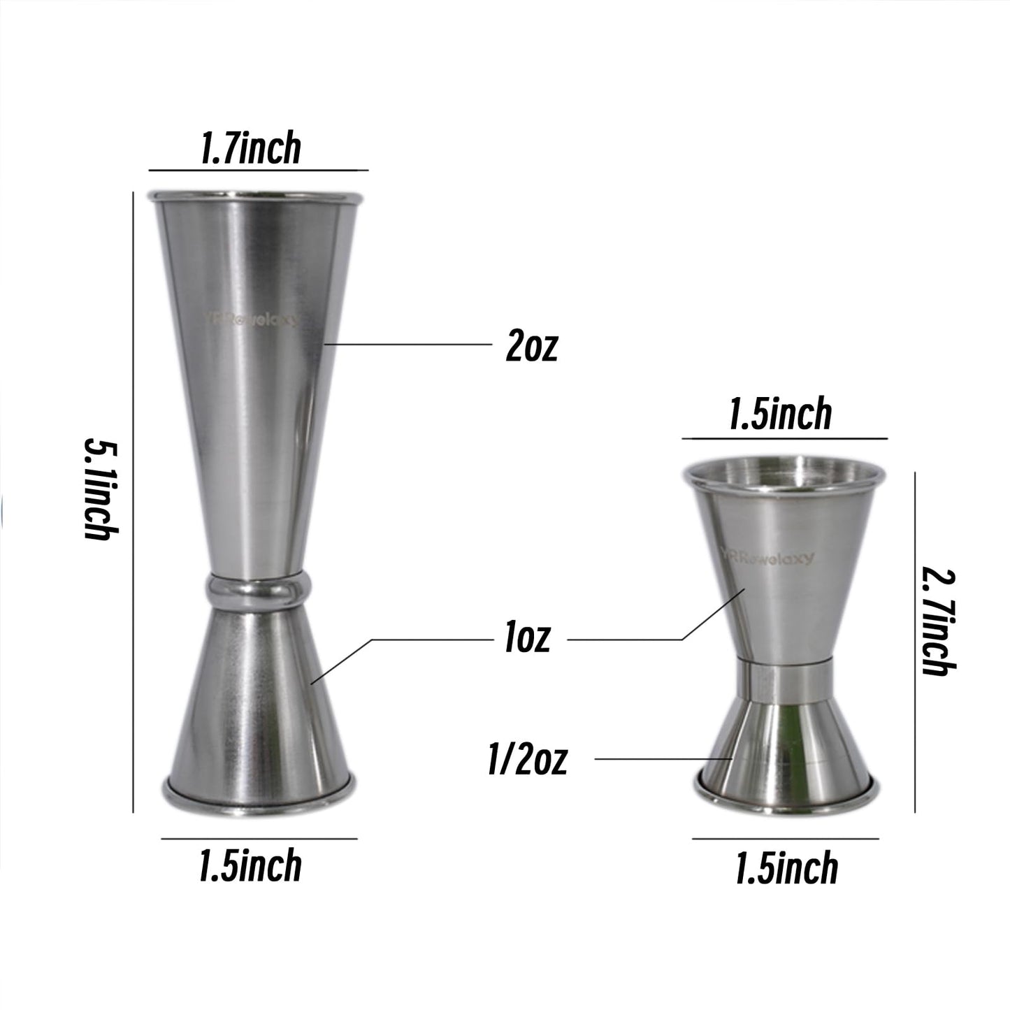 YR Rowelaxy cocktail jigger，double-sided jigs made of stainless steel, 1 oz&1/2 oz （2PCS） Precise Bartender Tool for Cocktail Shaker Sets,jigger for bartending, Home Bars & Mixology