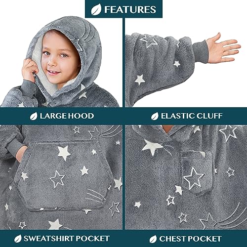 PAVILIA Glow Star Gray Fleece Sherpa Wearable Blanket Hoodie for Kids