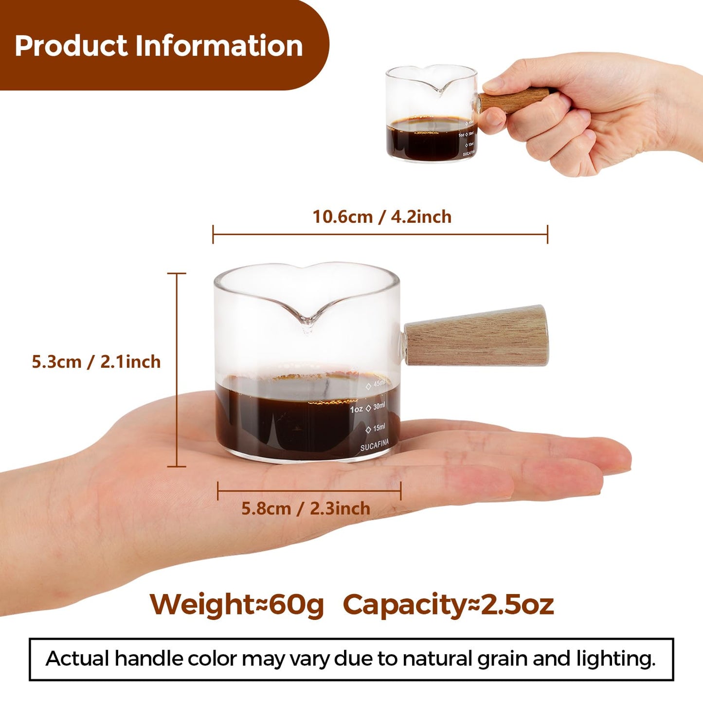 YARRAMATE 2.5 oz/75ML Espresso Cups with Wood Handle, Clear Glass Espresso Accessories, Double Spout Measuring Cup with Dual Scale, Espresso Shot Glass with V-Shaped Spout, Dishwasher Safe