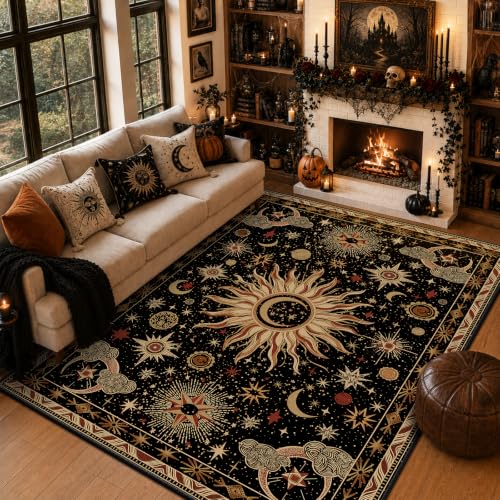 8x10 Washable Area Rug - Black, Gold, Beige, Red - Sun Moon Pattern - Vacuum-Friendly