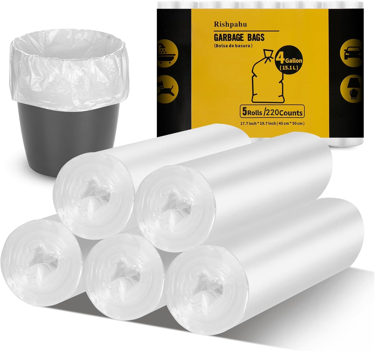 Skiennix 4 Gallon Small Trash Bags - Flexible, Durable & Unscented | 220 Counts, Easy Tearing, Transparent