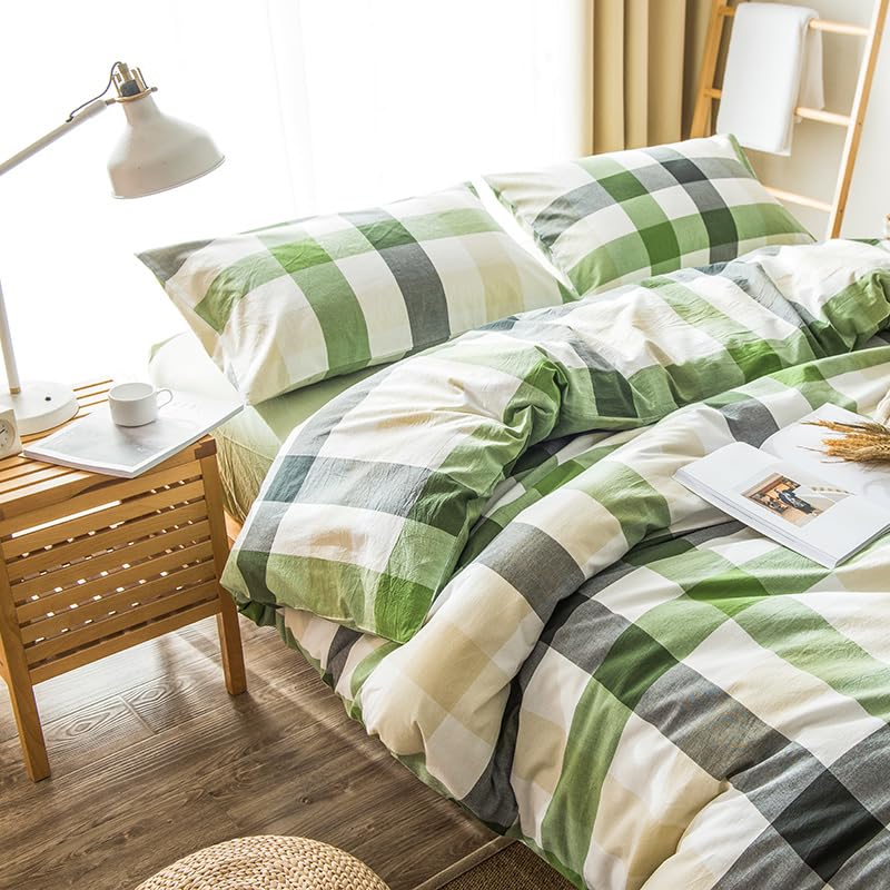 100% Washed Cotton Plaid Duvet Cover Set (1 + 2 Pillowcases, Without